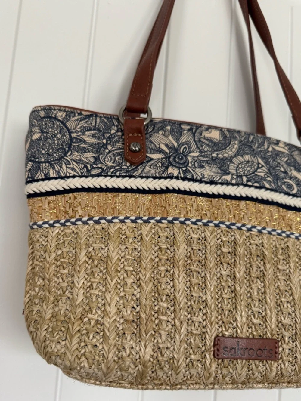 Sakroots Straw Tote Bag Navy Floral Trim Woven Beach Bag Boho - Picture 3 of 8